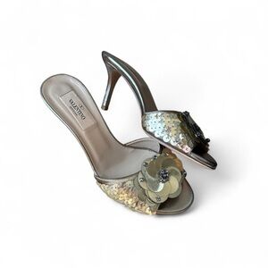 Valentino Gold Sequin Floral Open-Toe Mule Heels